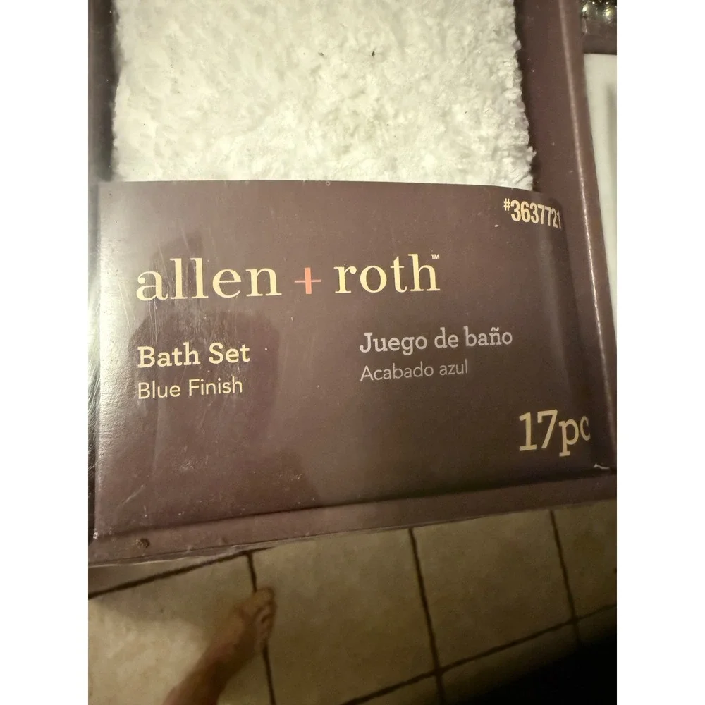 Allen + Roth 17pc Bath Set Blue White Shower Curtain‎ Rug Ceramic Decor #3637721